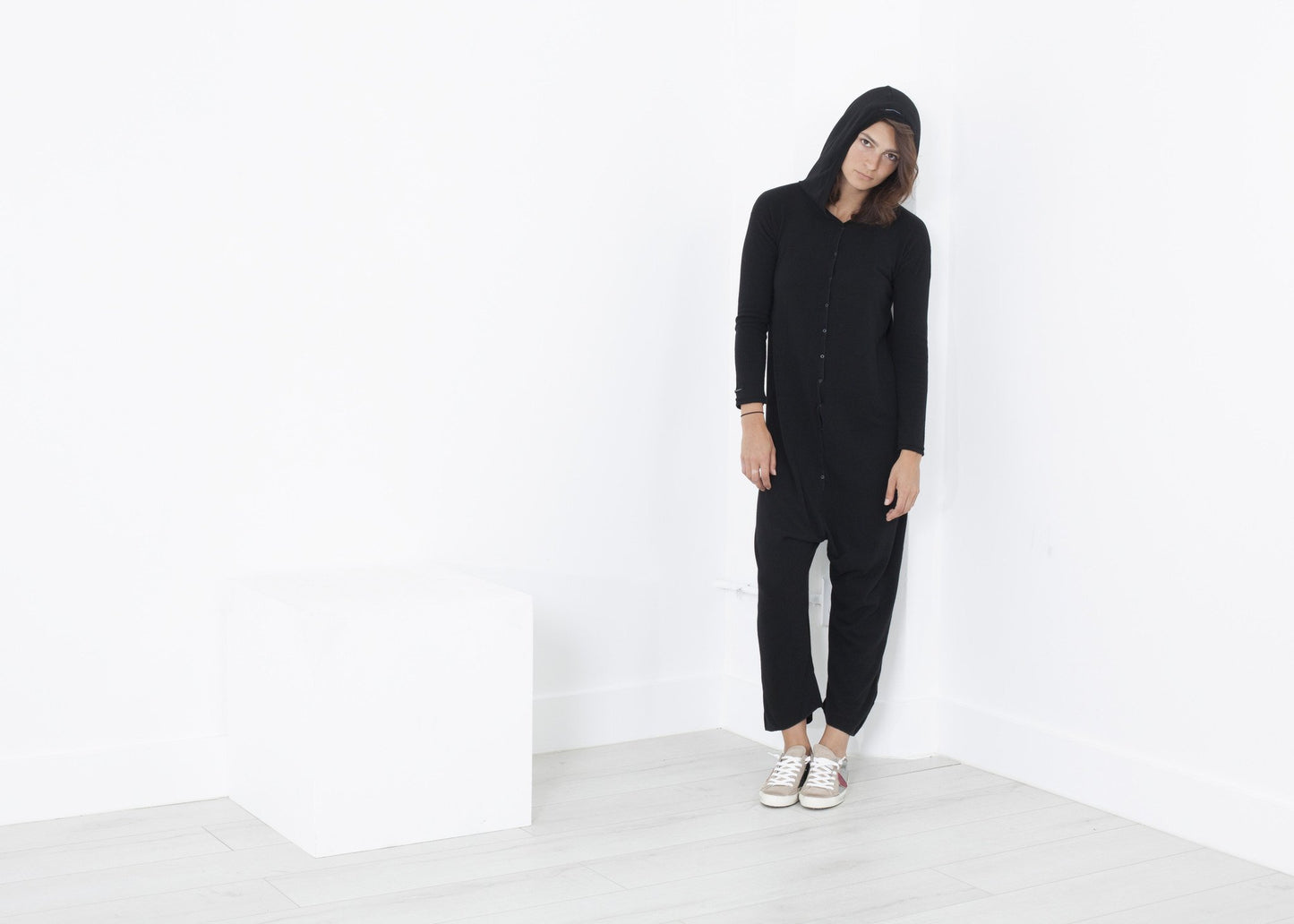 yh-work-store, Knit Hooded Jumpsuit in Black