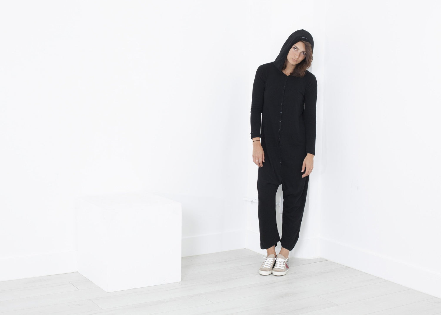 yh-work-store, Knit Hooded Jumpsuit in Black
