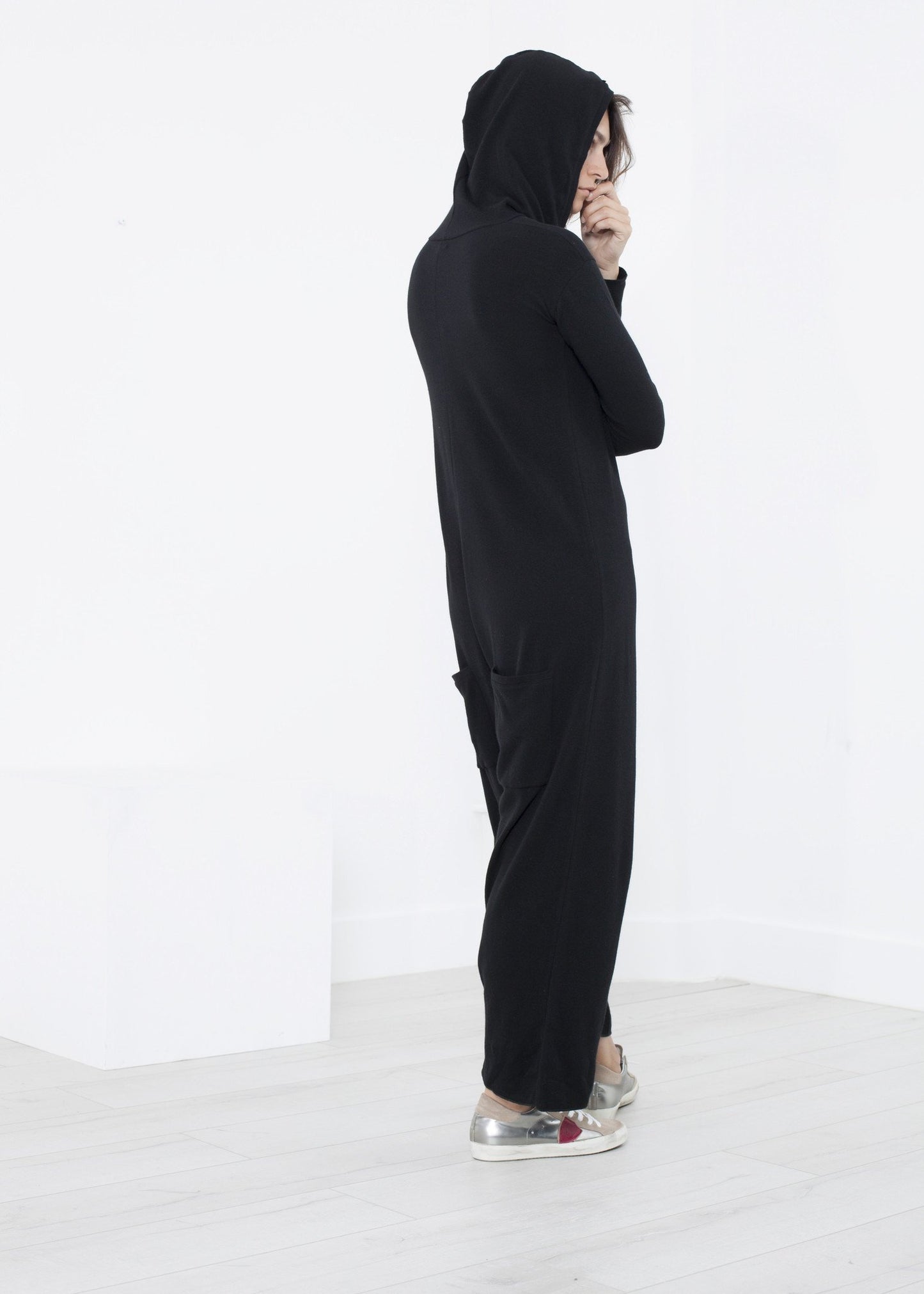 yh-work-store, Knit Hooded Jumpsuit in Black